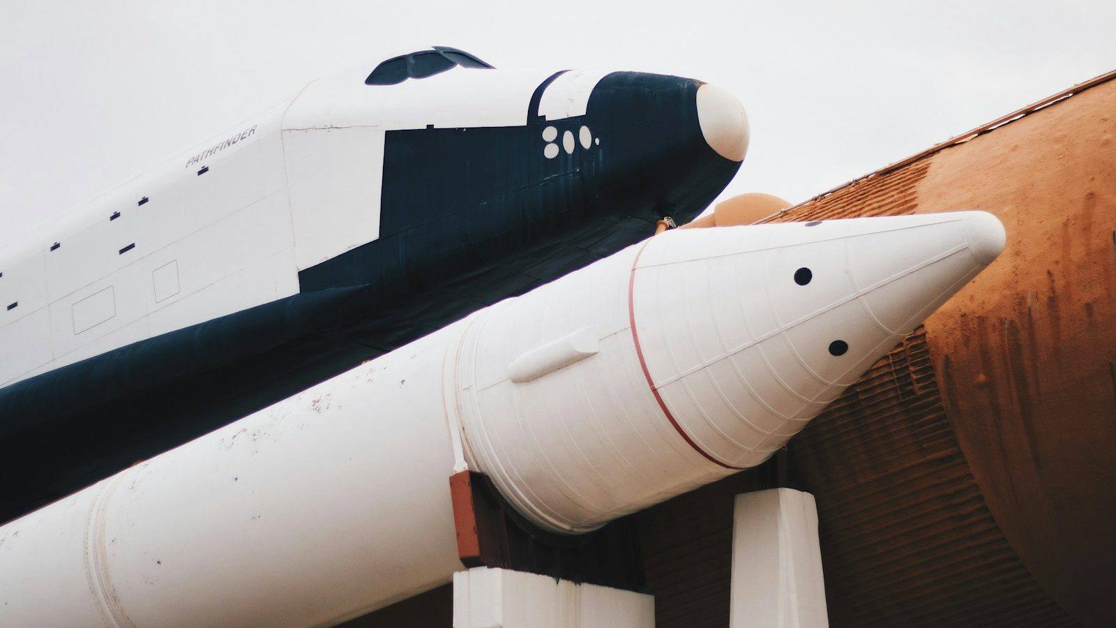 A space shuttle and rocket boosters on display at the U.S. Space and Rocket Center in Huntsville, Alabama