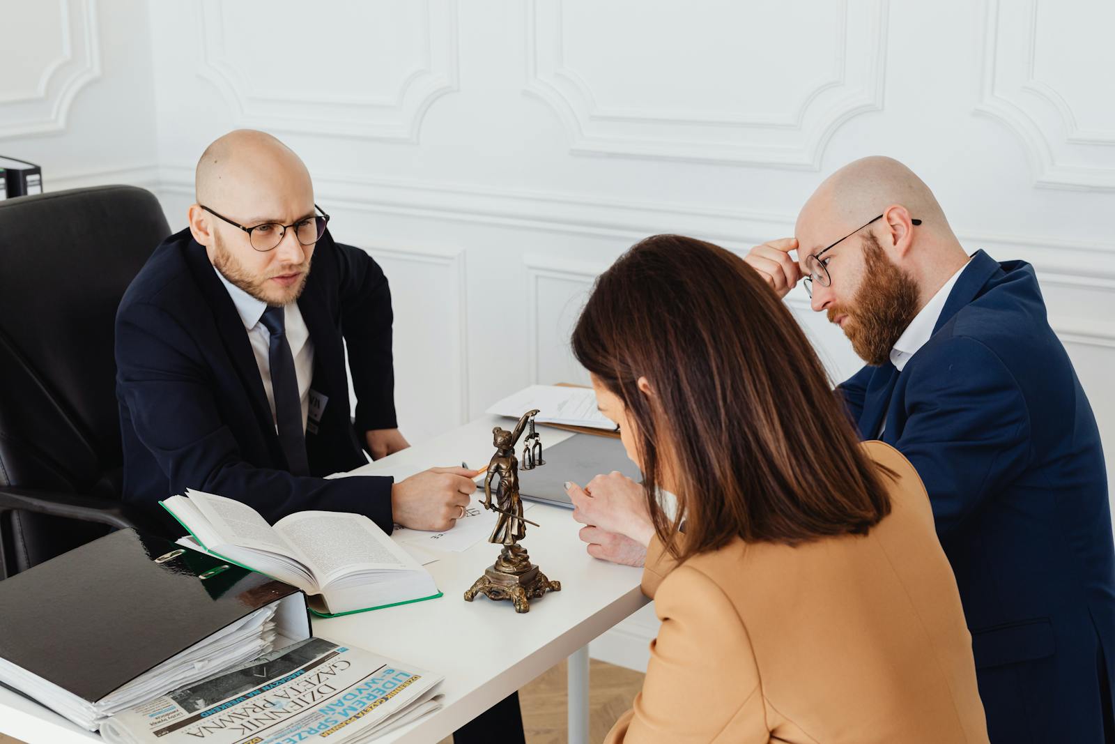 Lawyer consulting with clients in a professional office setting